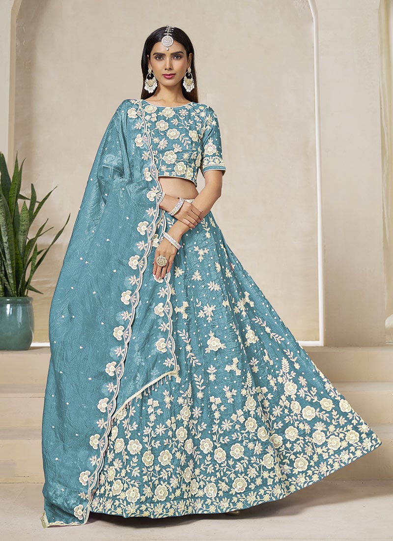 Sky Blue Organza Embroidered Sequins Lehenga Wedding Wear