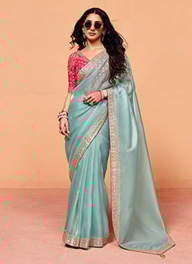Sky Blue Organza Embroidered Sequins Saree