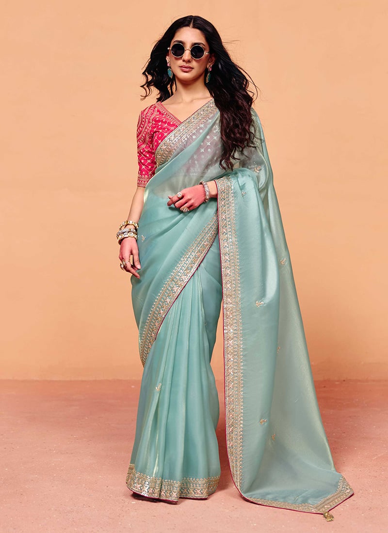 Sky Blue Organza Embroidered Sequins Saree Festive Wear
