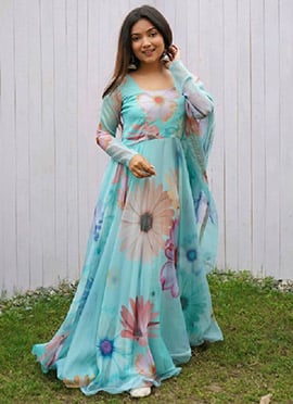 Sky Blue Organza Floral Digital Print Anarkali Suit With Dupatta For Women After Six Wear