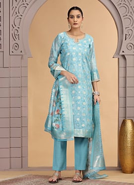 Sky Blue Organza Jacquard Zari Digital Print Straight Pant Suit Festive Wear