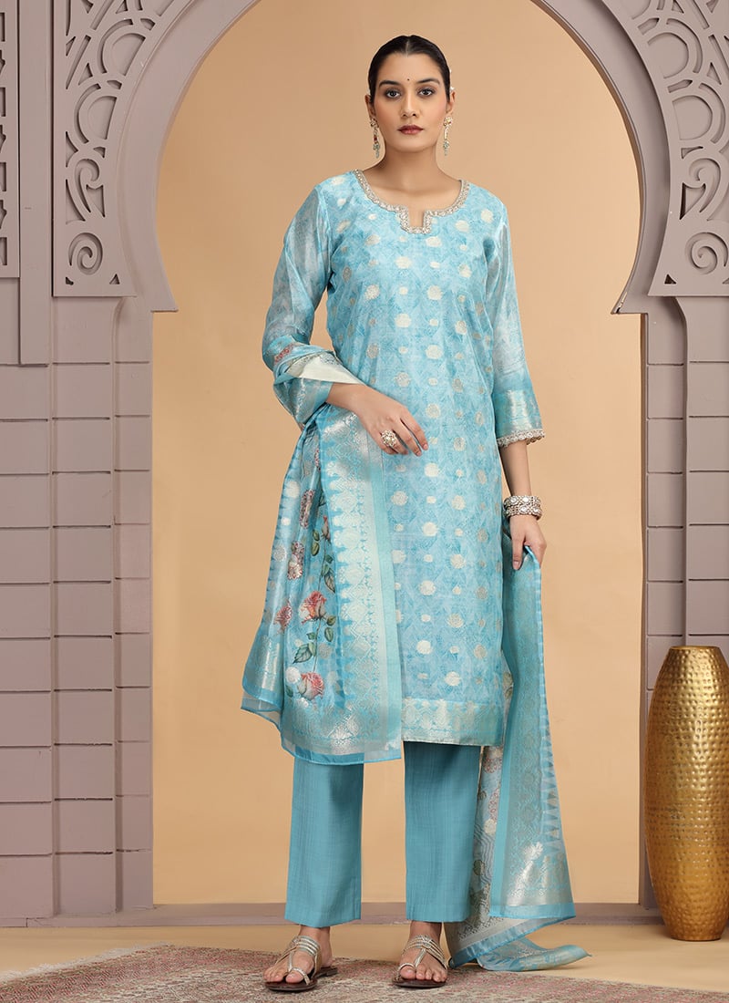 Sky Blue Organza Jacquard Zari Digital Print Straight Pant Suit Festive Wear