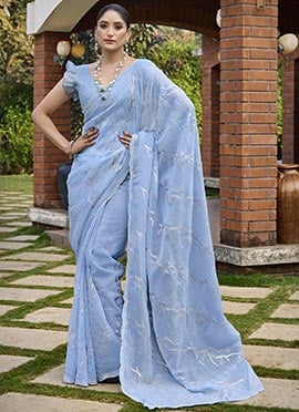 Sky Blue Organza Sequins Stone Work Saree