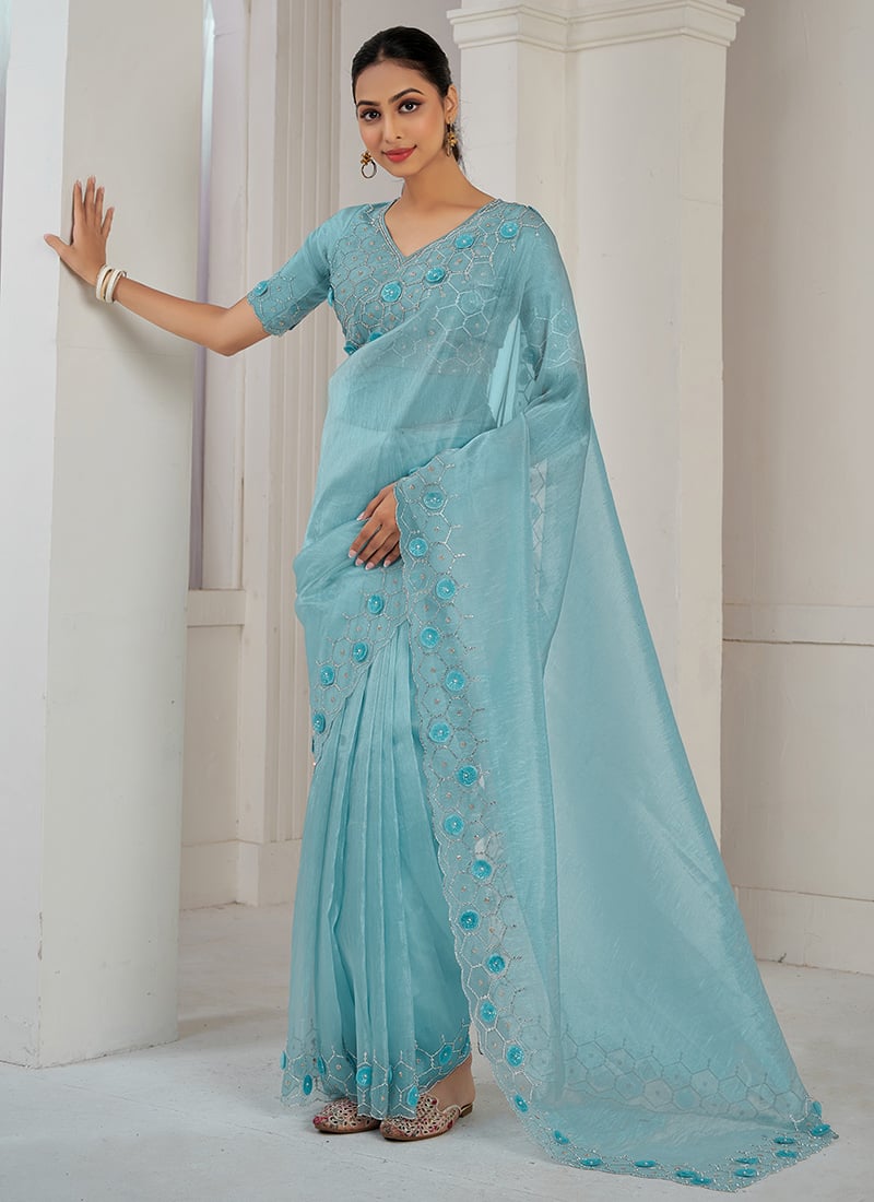 Sky Blue Organza Sequins Zarkan Saree Festive Wear