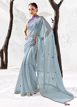Sky Blue Organza Silk Embroidered Saree with Digital Print Blouse