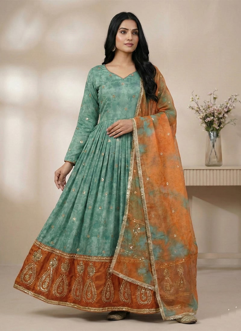 Sky Blue Organza Silk Embroidered Sequins Anarkali Suit Festive Wear