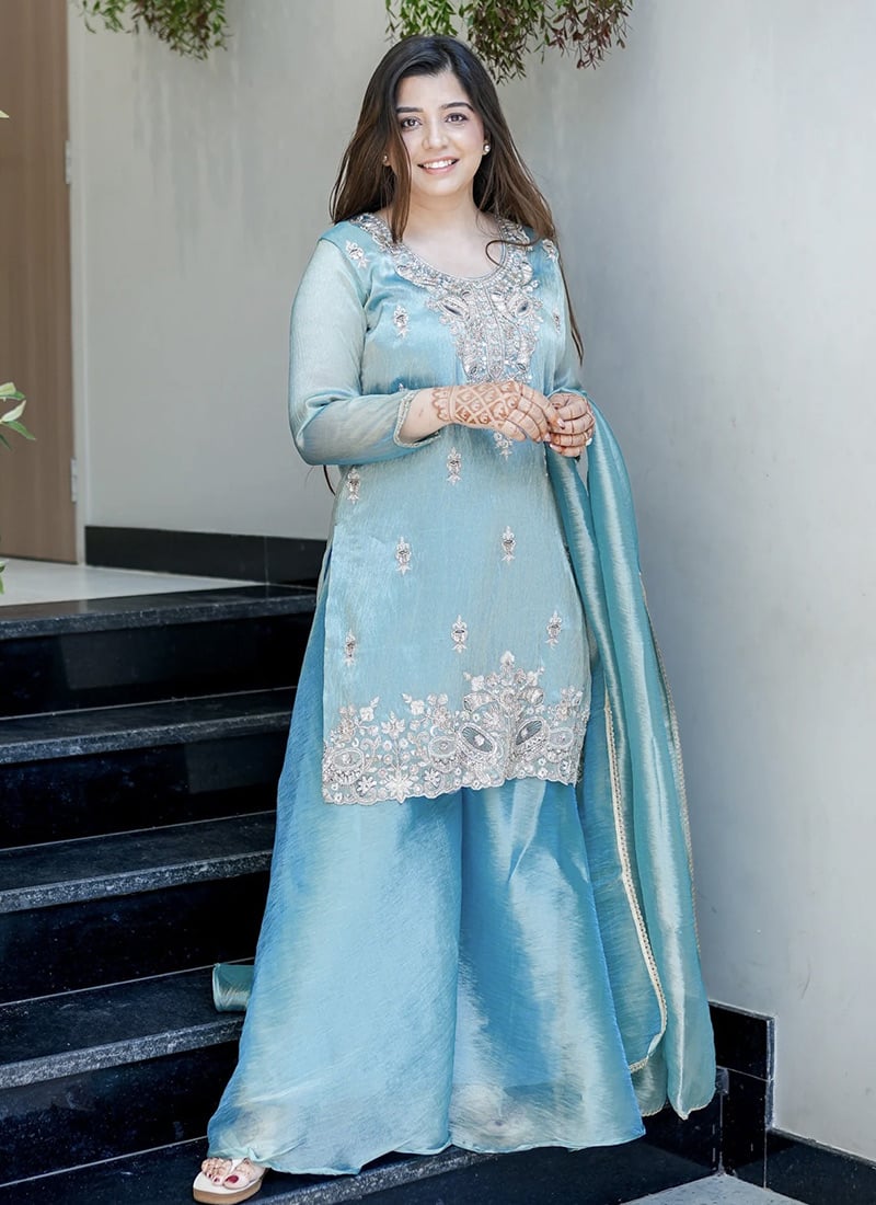 Sky Blue Organza Silk Embroidered Sequins Palazzo Suit Festive Wear