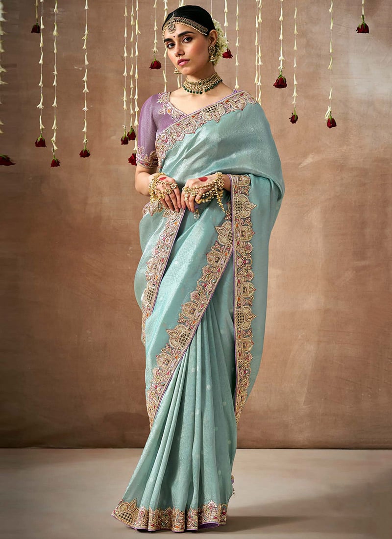 Sky Blue Organza Silk Embroidered Sequins Saree