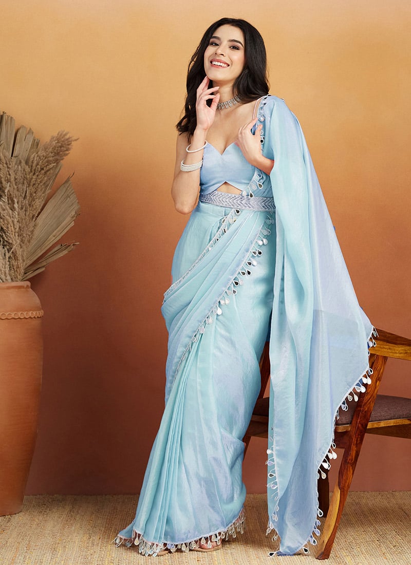 Sky Blue Organza Teardrop Lace Border Saree After Six Wear