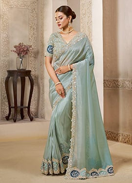 Sky Blue Organza Tissue Silk Hand Embroidered Sequins With Stone Work Saree