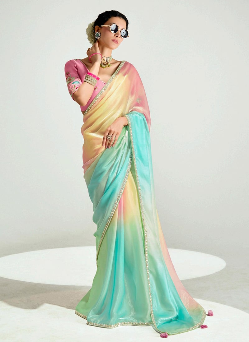 Sky Blue Organza Tissue Zari Embroidered Sequins Saree Festive Wear