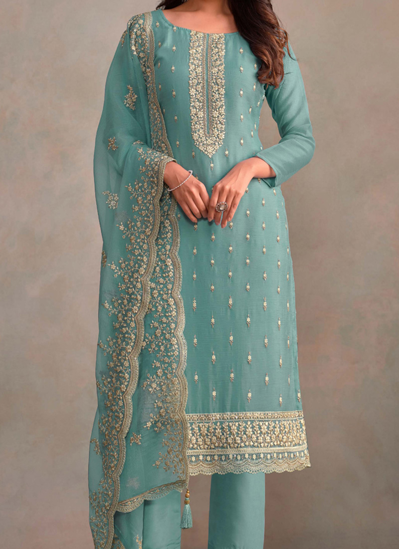 Blue Organza Pant Salwar Suit main image 0