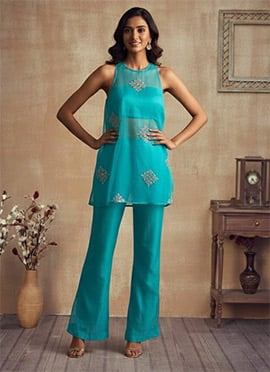 Sky Blue Organza Zari Sequins Cutdana Handcrafted Indo Western Ensemble