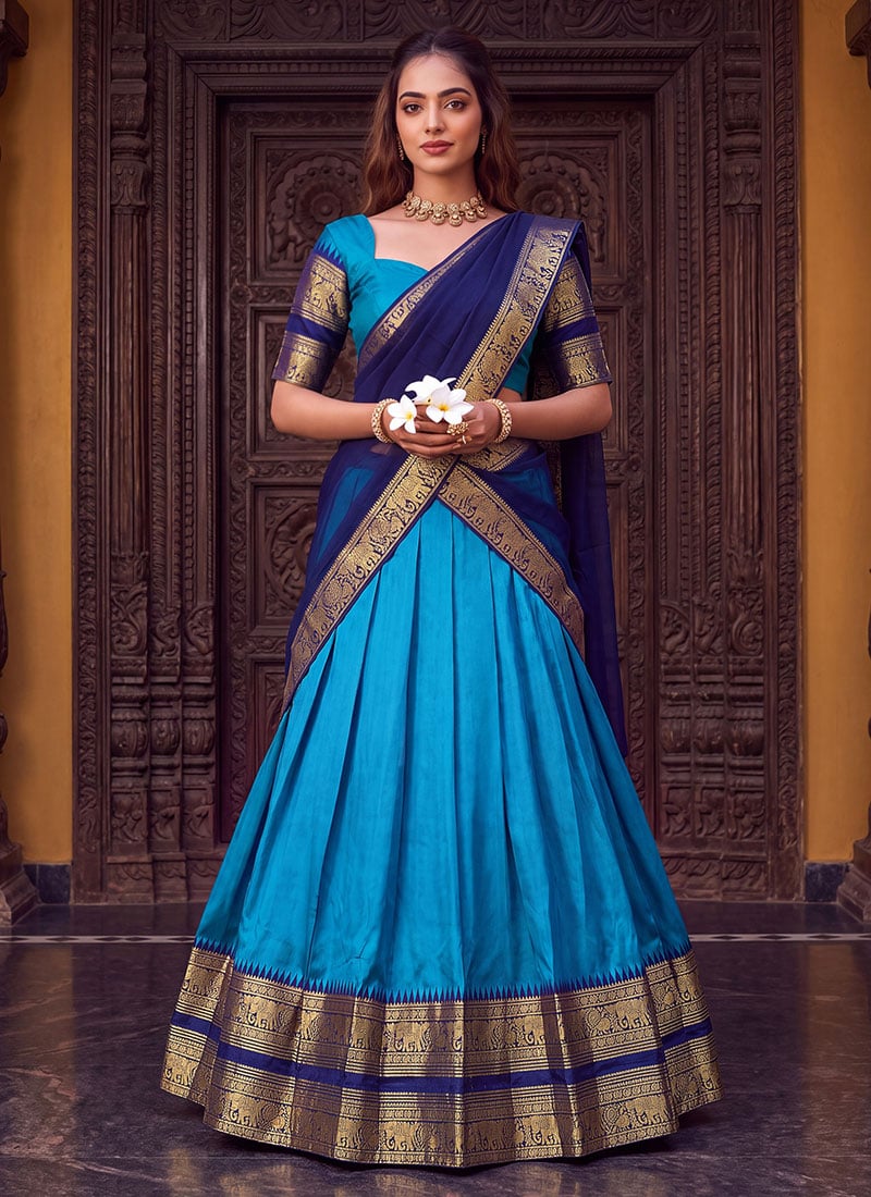 Sky Blue Poly Cotton Zari Weaving Lehenga Festive Wear