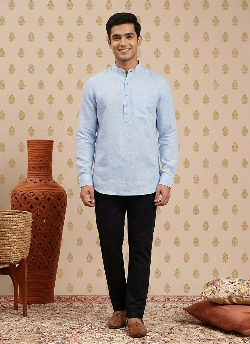 Sky Blue Printed Kurta Pyjama Festive Wear