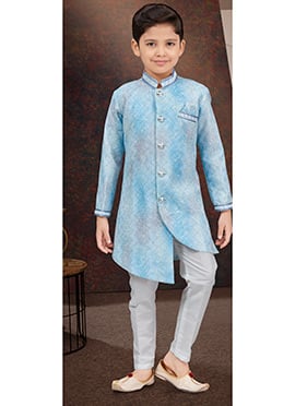 Sky Blue Pure Silk Sequins Kids Boys Indowestern Sherwani