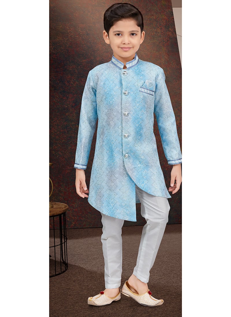 Sky Blue Pure Silk Sequins Kids Boys Indowestern Sherwani