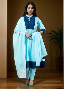 Sky Blue Rayon A Line Straight Pant Suit