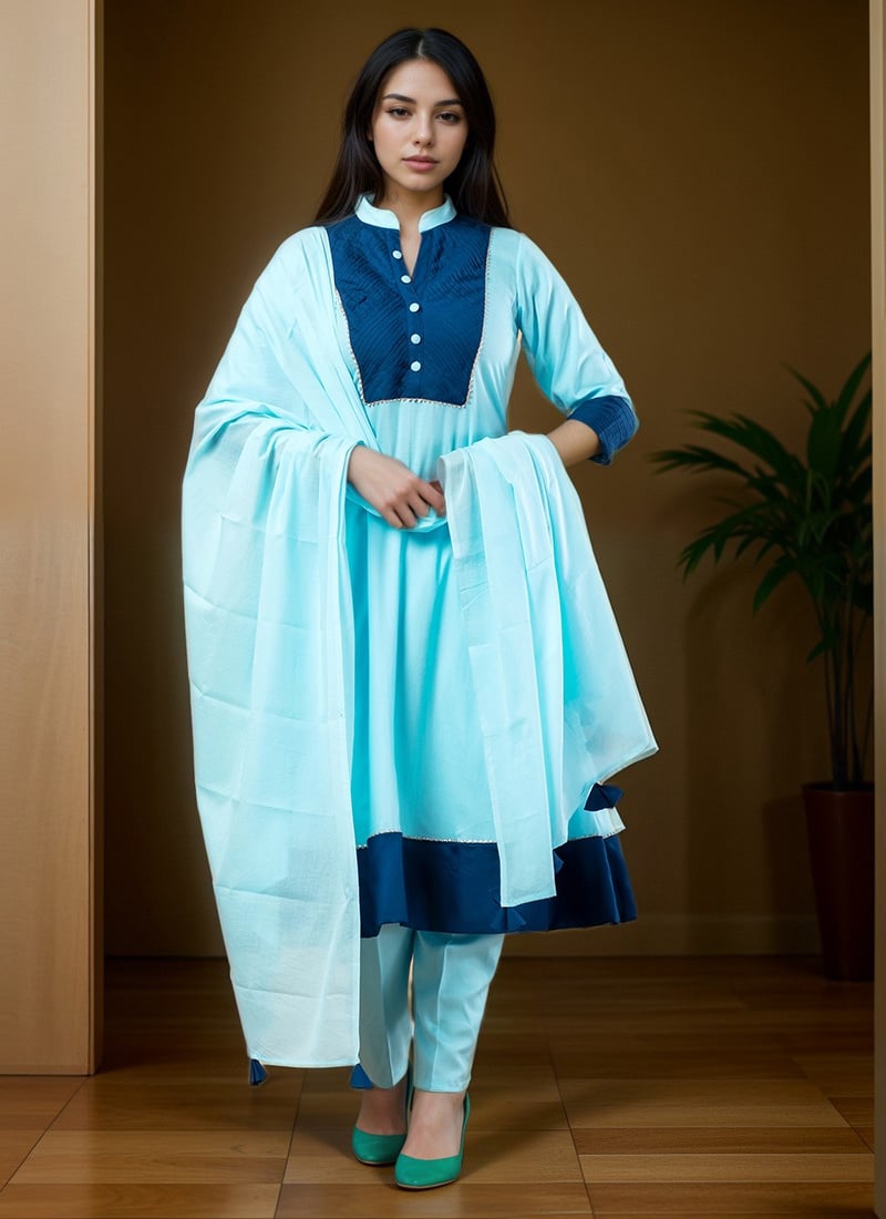 Sky Blue Rayon A Line Straight Pant Suit