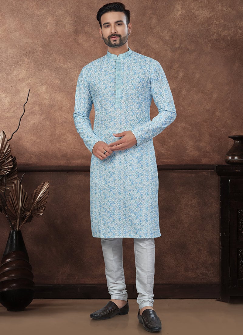 Sky Blue Rayon Chikankari Kurta Pyjama Festive Wear