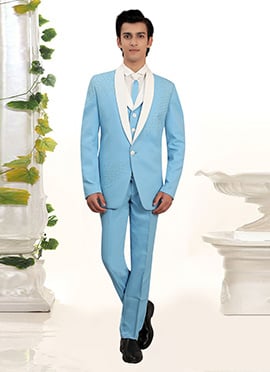 Sky Blue Rayon Hand Embroidered Beads Work Men Suit