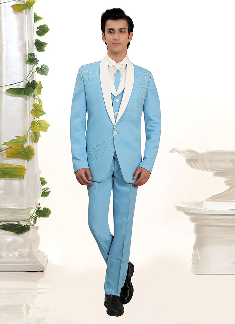 Sky Blue Rayon Hand Embroidered Beads Work Men Suit