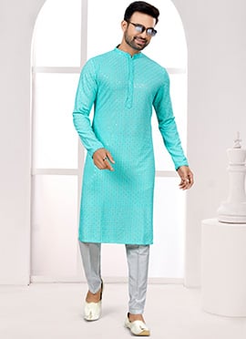 Sky Blue Rayon Lucknowi Sequins Thread Embroidered Kurta Pyjama