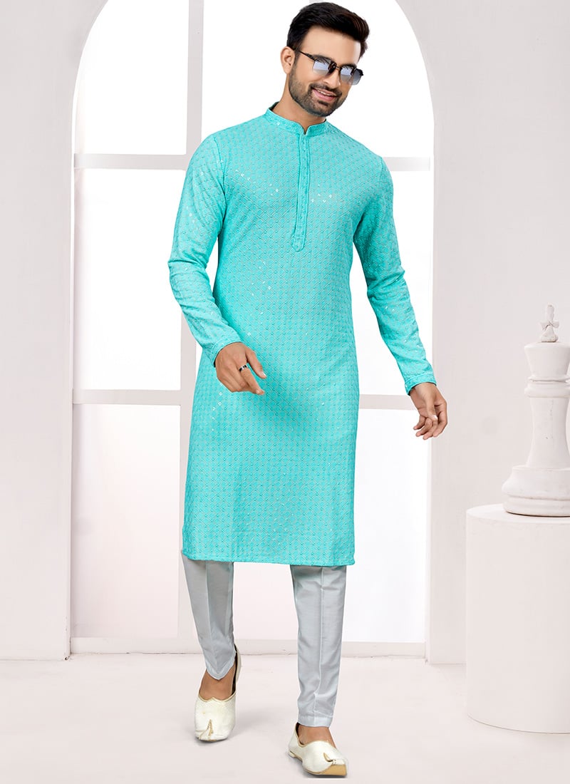 Sky Blue Rayon Lucknowi Sequins Thread Embroidered Kurta Pyjama Festive Wear