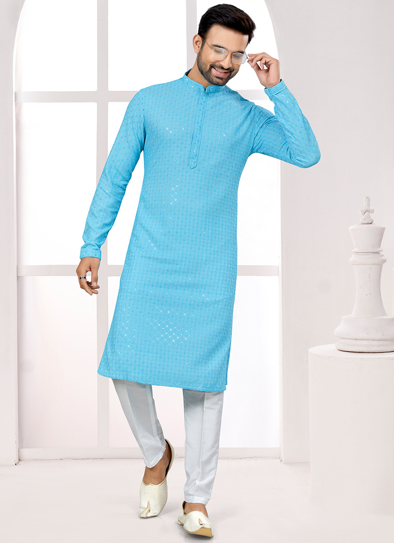 Sky Blue Rayon Lucknowi Thread Embroidered Sequins Kurta Pyjama Festive Wear