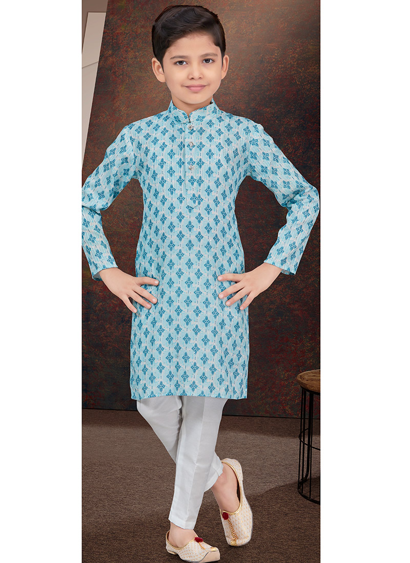 Sky Blue Rayon Printed Embroidered Sequins Kids Boys Kurta Pyjama Festive Wear