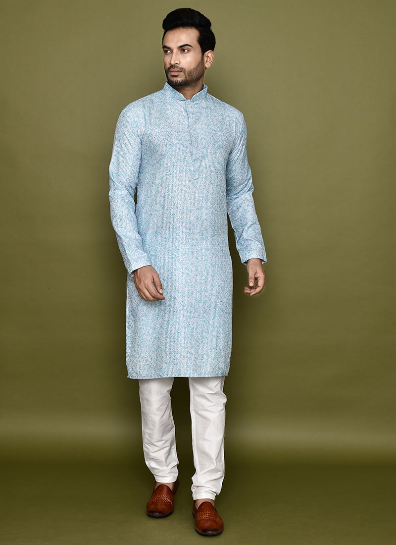 Sky Blue Rayon Printed And Embroidered Thread Kurta Pyjama Festive Wear