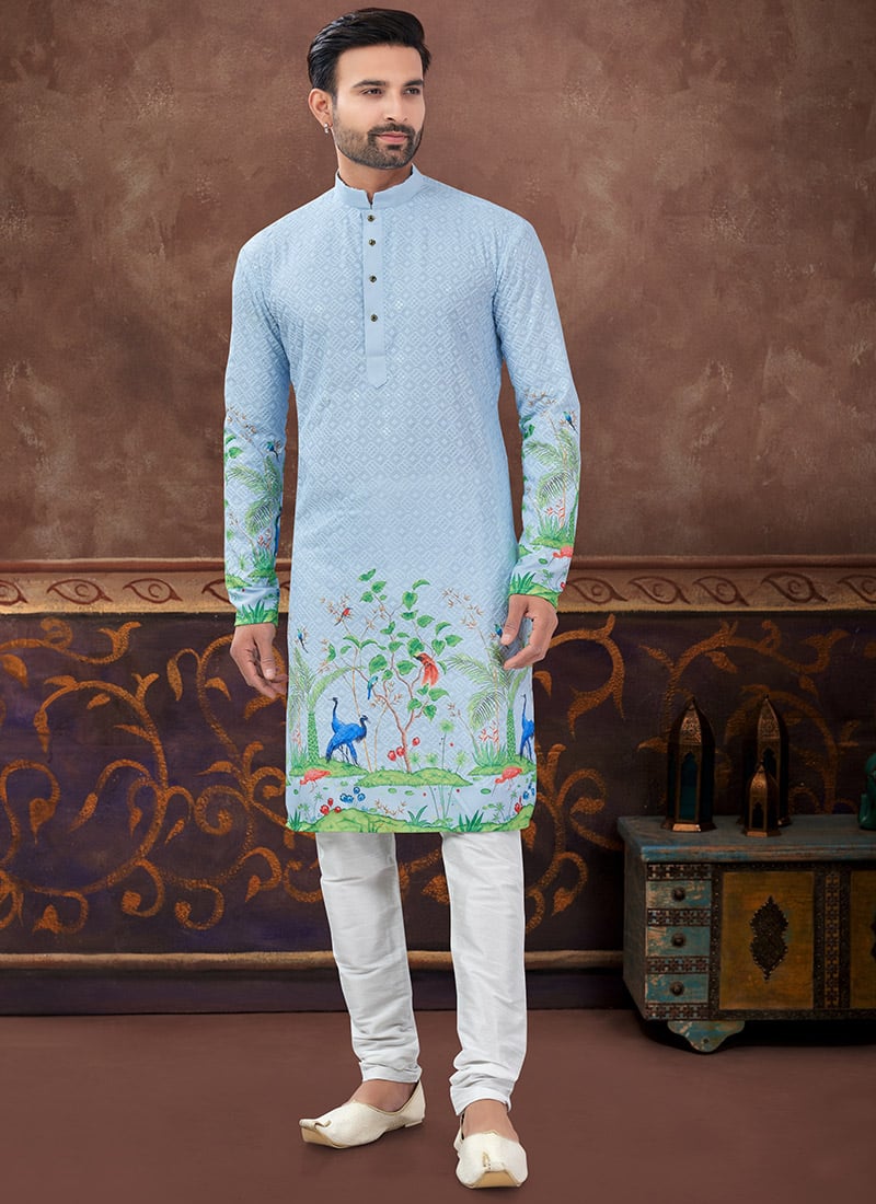 Sky Blue Rayon Thread Digital Print Kurta Pyjama