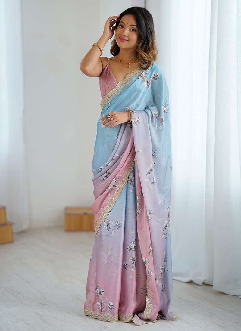 Sky Blue Satin Chiffon Sequins Embroidered Digital Print Thread Floral Print Saree After Six Wear