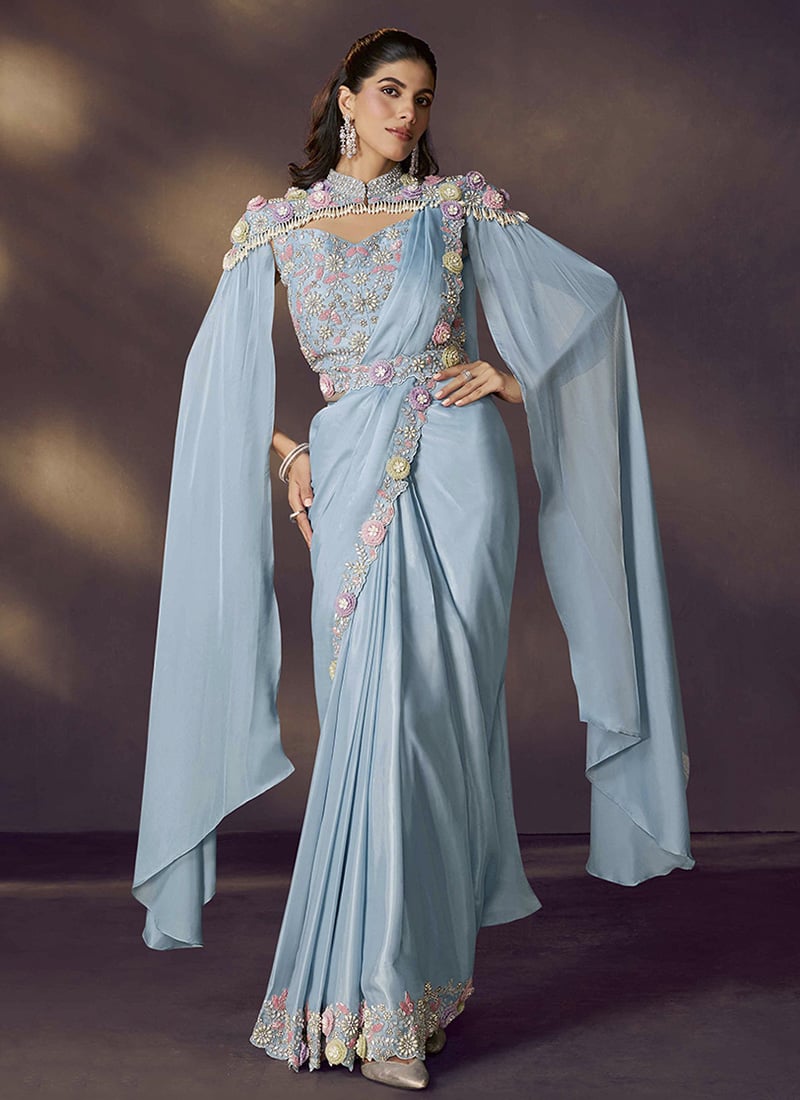 Sky Blue Satin Silk Hand Embroidered Pre Draped Saree