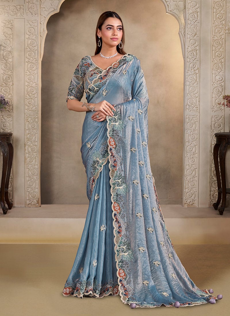 Sky Blue Satin Silk Hand Embroidered Sequins With Stone Work Saree Festive Wear