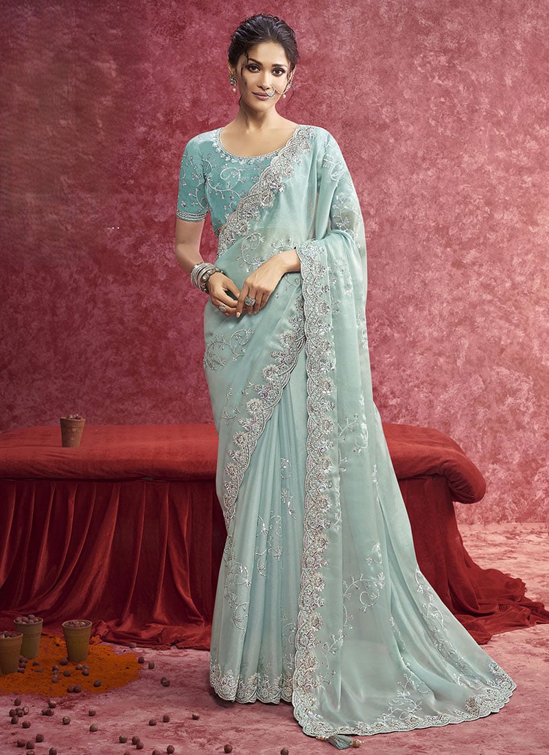 Sky Blue Satin Silk Zari Embroidered Sequins Resham Saree