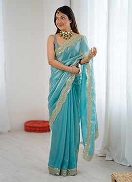 Sky Blue Satin Silk Zari Embroidered Sequins Saree