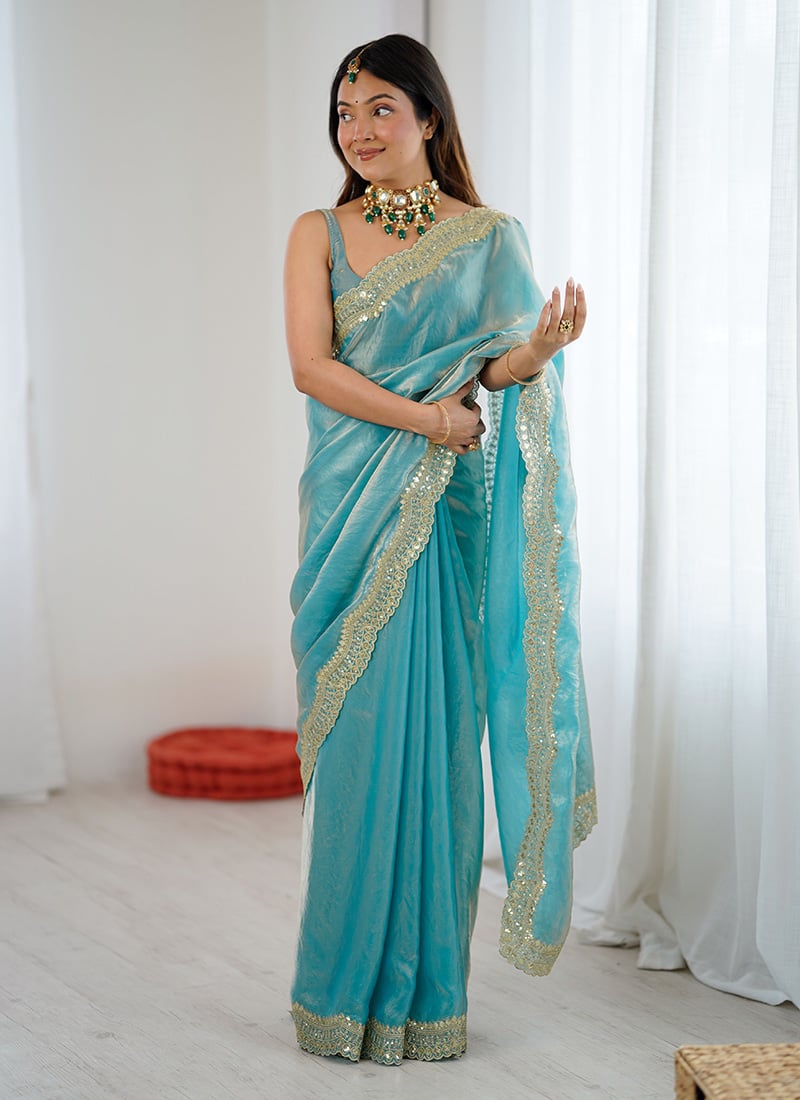 Sky Blue Satin Silk Zari Embroidered Sequins Saree After Six Wear