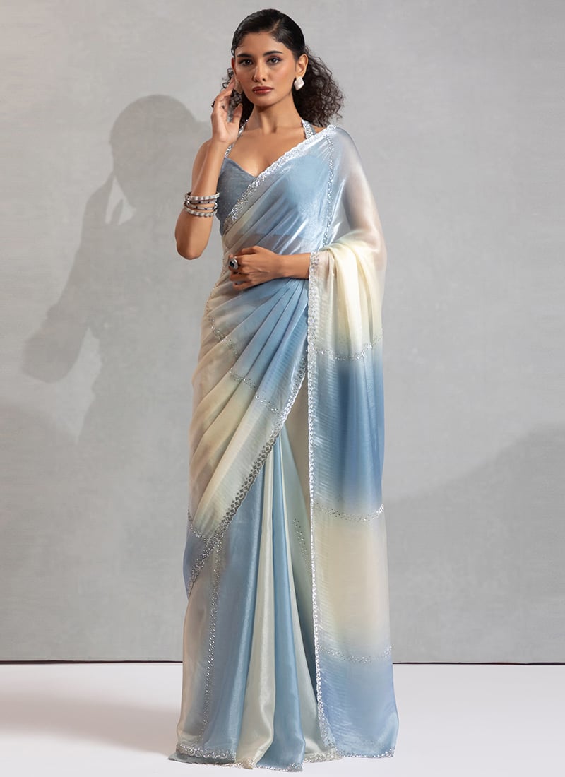 Sky Blue Satin Stones Saree After Six Wear