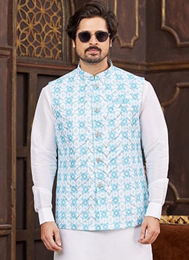 Sky Blue Sequins Digital Print Bandhgala Jacket
