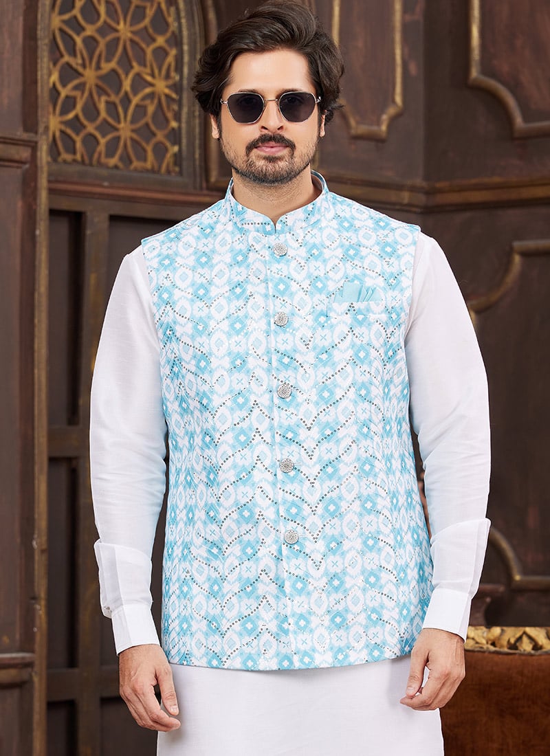 Sky Blue Sequins Digital Print Bandhgala Jacket