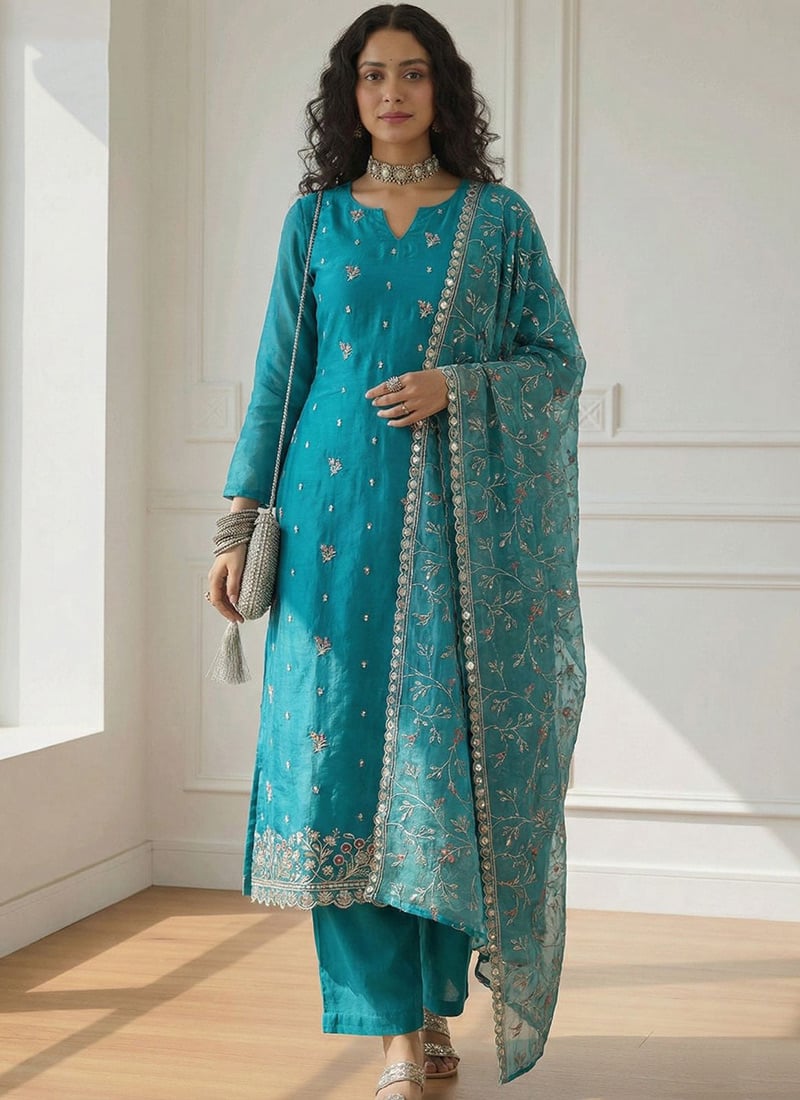 Sky Blue Shimmer Organza Embroidered Sequins Straight Pant Suit Festive Wear