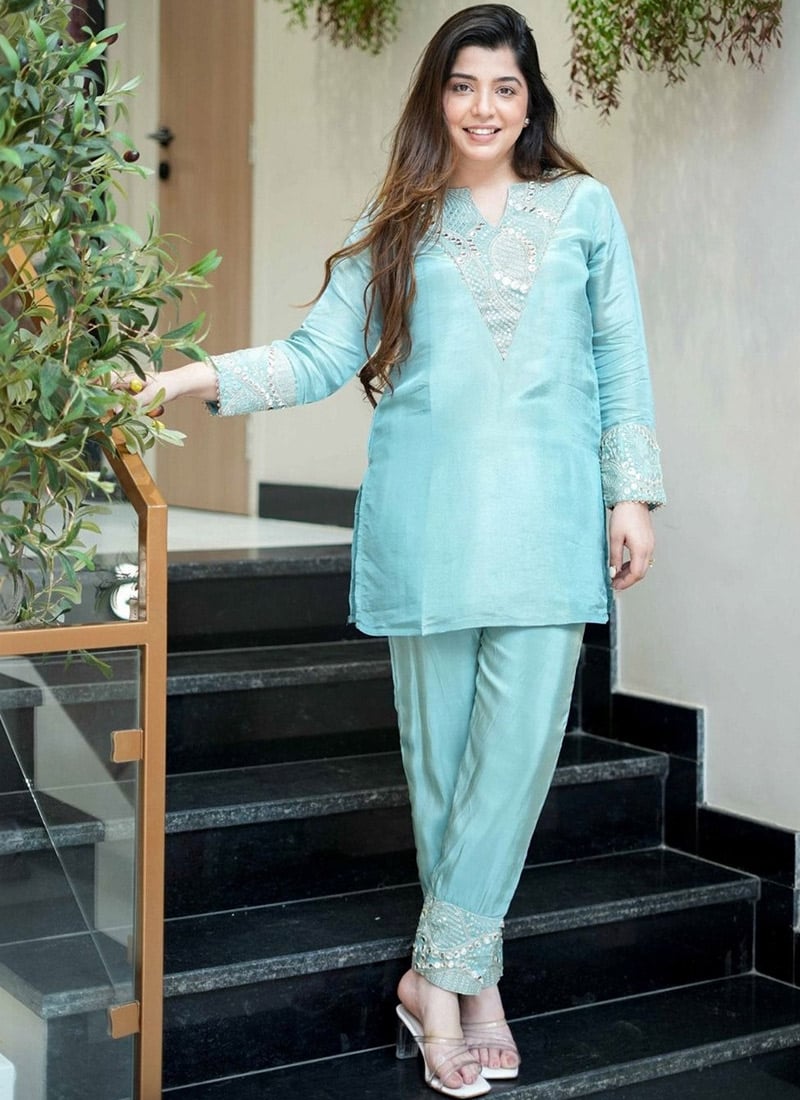 Sky Blue Shimmer Silk Embroidered Sequins Kurta Straight Pant Set Festive Wear