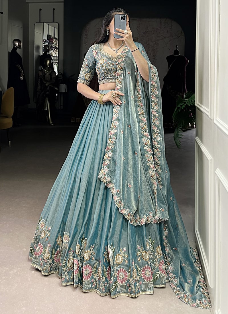 Sky Blue Shimmer Silk Sequins And Thread Embroidered Umbrella Lehenga