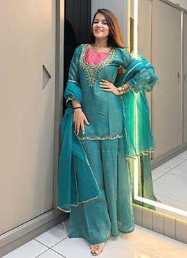 Sky Blue Shimmer Silk Sequins Zardosi Beads Hand Embroidered Palazzo Suit