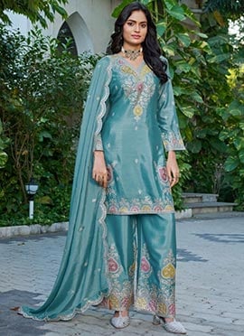 Sky Blue Silk Chinon Embroidered Sequins Palazzo Suit