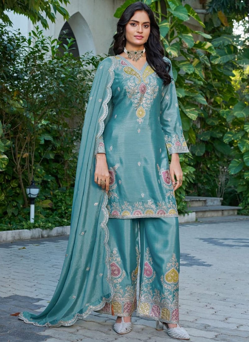 Sky Blue Silk Chinon Embroidered Sequins Palazzo Suit Festive Wear