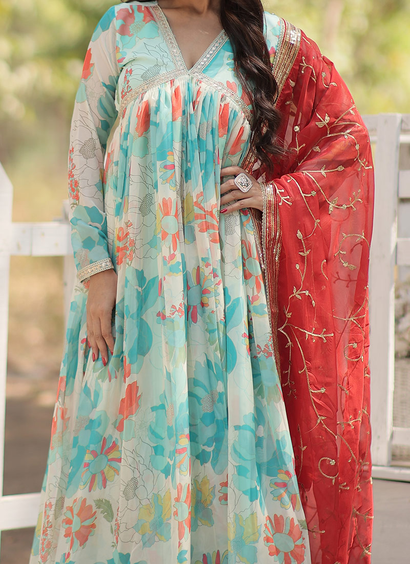 Mist Blue Pant style Anarkali Semi-Stitched Salwar Kameez main image 1