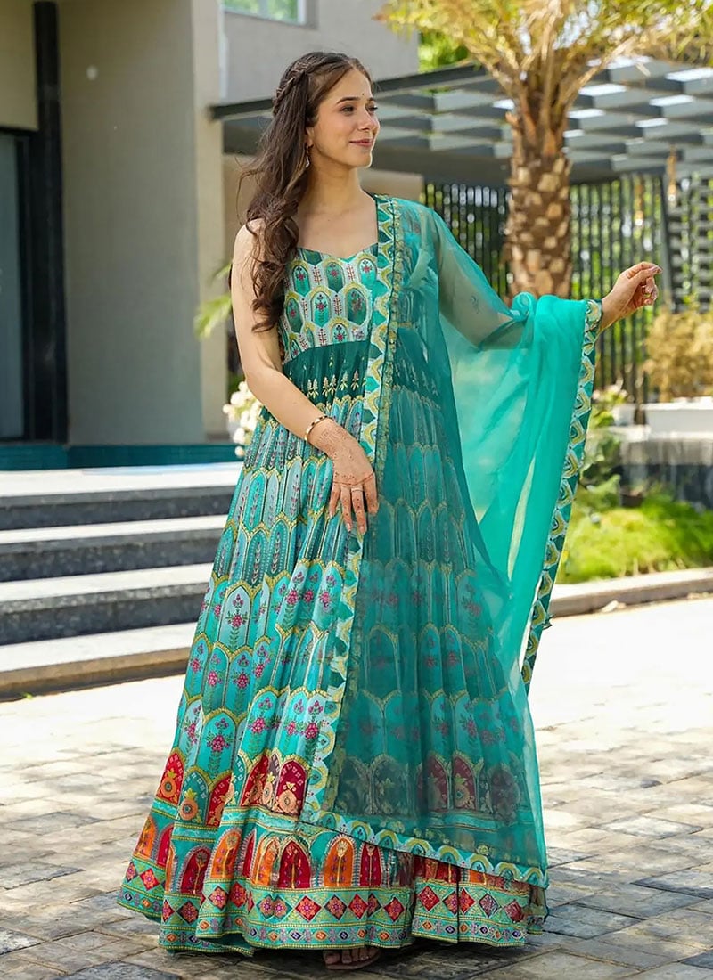 Sky Blue Silk Digital Print Anarkali Suit After Six Wear