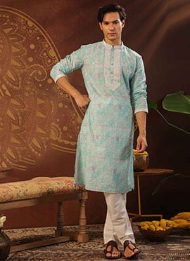 Sky Blue Silk Digital Print Embroidered Sequins Kurta Pyjama